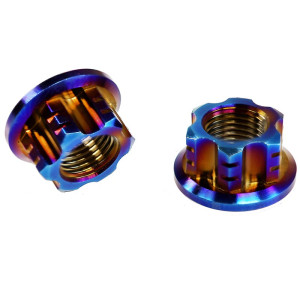 Ecrou en titane tête à usinage allègé avec embase - M12 pas de 1.5mm - Grade 5 TA6V couleur arc-en-ciel
